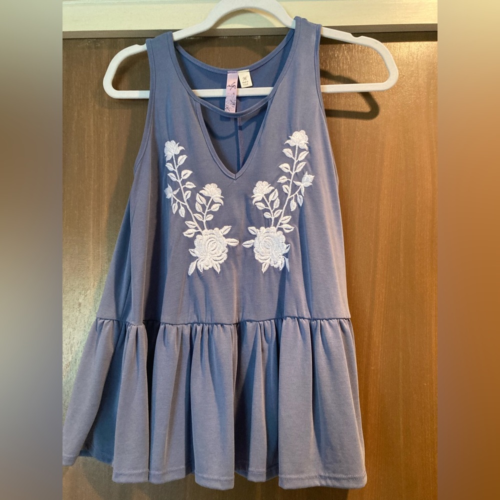 Alya Blue Tank with white floral embroidery
